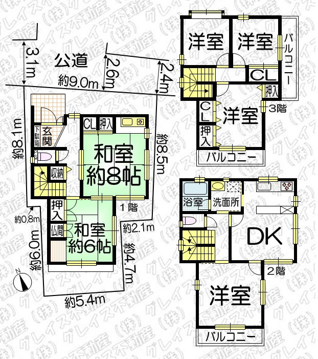 豊明市国道1号線南側 構造:軽量鉄骨造土地面積:108.1平米 ( 32.7坪 ) 建物面積:143平米 ( 43.25坪 )