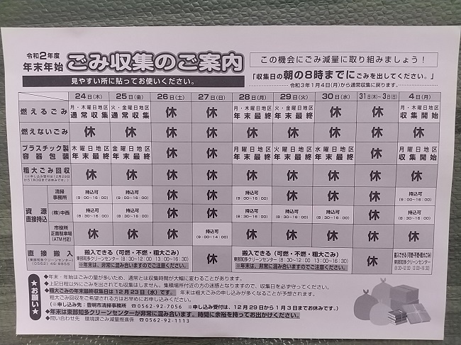 年末 ゴミ 名古屋 年始 市 収集 日